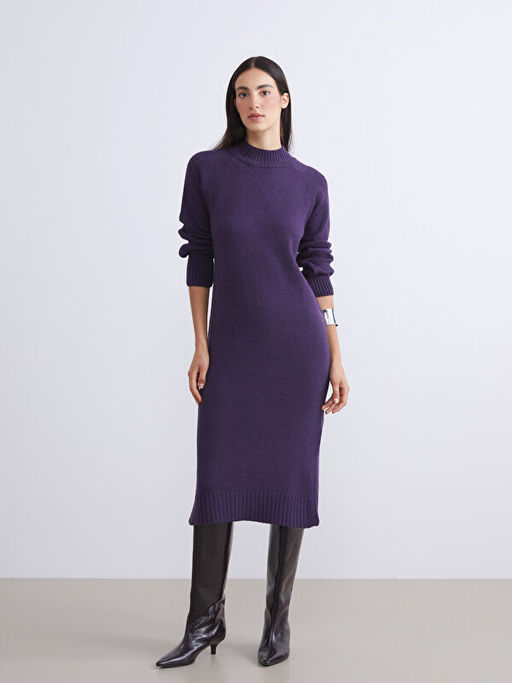 Yar?m Bal?k?? Yaka Y?rtma?l? Triko Elbise