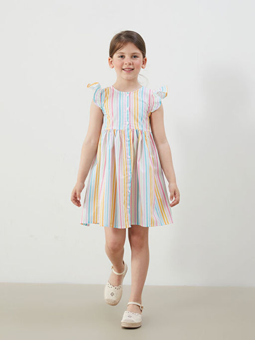 ?nden D??meli ?izgili K?z ?ocuk Poplin Elbise