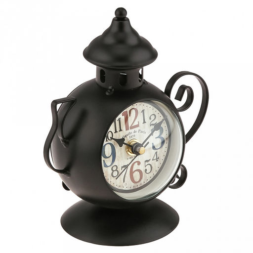 Часы настольные интерьерные "Чайник" 13,5х8х16см, мягкий ход, циферблат с рисунком, бежевый; цифры арабские, черный; выпуклое стекло; элементы металл, корпус пластик, черный матовый; в коробке (Китай)