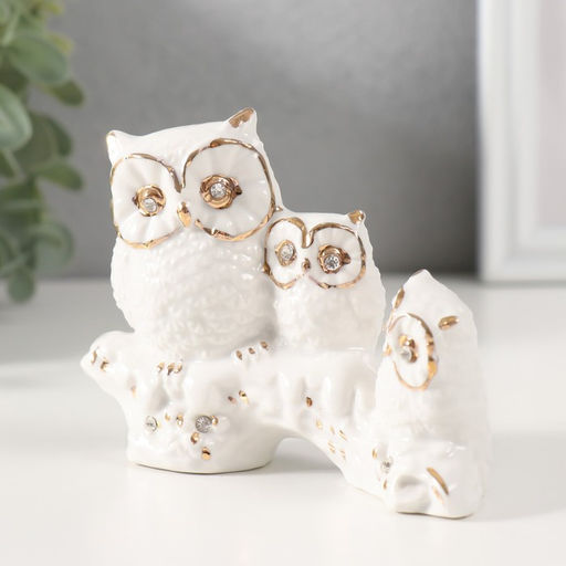 Фигурка керамика «Три белых филина на коряге», с золотом, стразы, 3.8×11×8.5 см