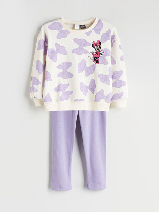 Bisiklet Yaka Minnie Mouse Bask?l? K?z ?ocuk Sweatshirt ve Tayt 2li