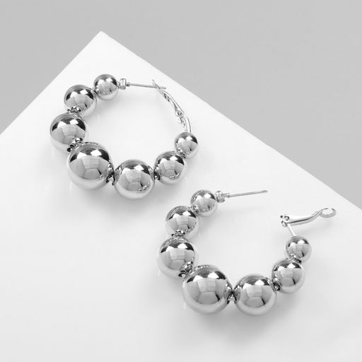 Серьги кольца QF «Бусины», на уменьшение, d=4.3 см, цвет серебро