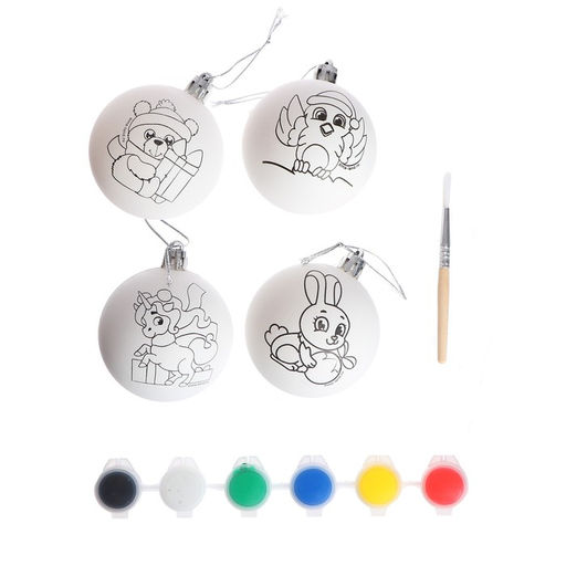 Ёлочные шары под раскраску на новый год Чудесный праздник, краски, 4 шт., набор для творчества