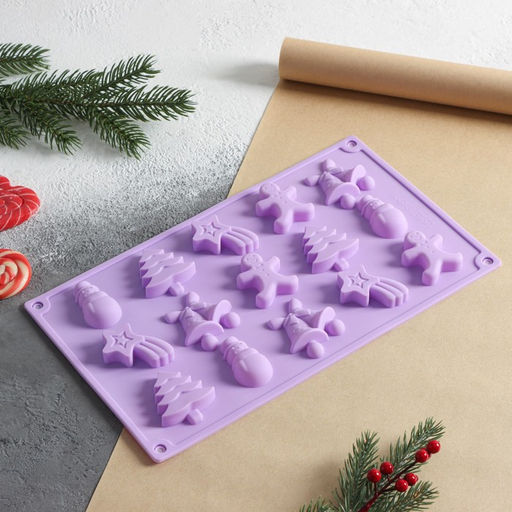 Форма для конфет и шоколада новогодняя Доляна Ёлочки - иголочки, силикон, 30?17.3?1.3 см, 15 ячеек, сиреневая  фото 2
