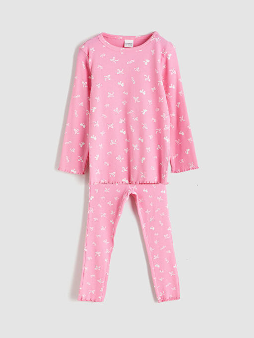 Bisiklet Yaka Fiyonk Bask?l? K?z ?ocuk Pijama Tak?m?