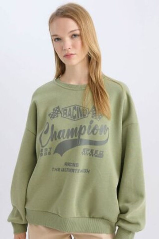 Coool Oversize Genis Kal?p Bisiklet Yaka Bask?l? Kal?n Sweatshirt