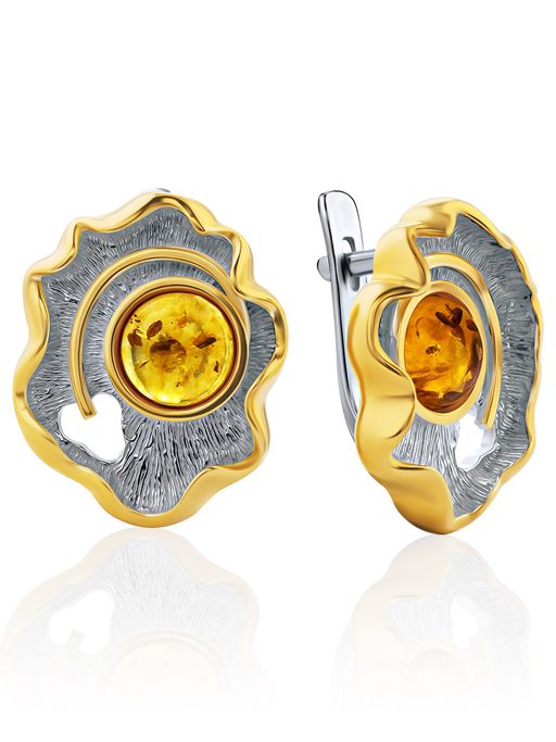 Оригинальные серьги с золотистым янтарём Маракуйя