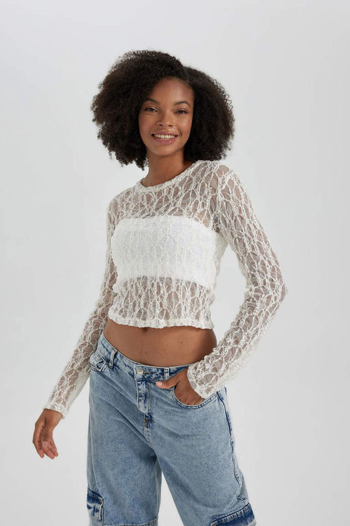 Приталенная укороченная кружевная белая блузка с длинными рукавами - Defacto фото 3
