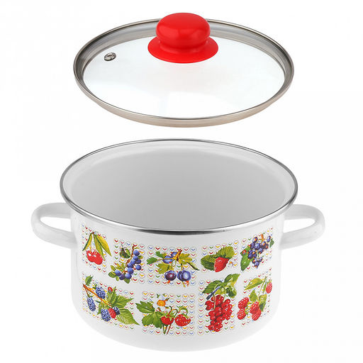 "Вкус лета" Кастрюля эмалированная 3л, д20см, h12,5см, цилиндрическая форма, металлическая крышка с пластмассовой ручкой-кнопкой, ободок из нержавеющей стали, белый (Россия)