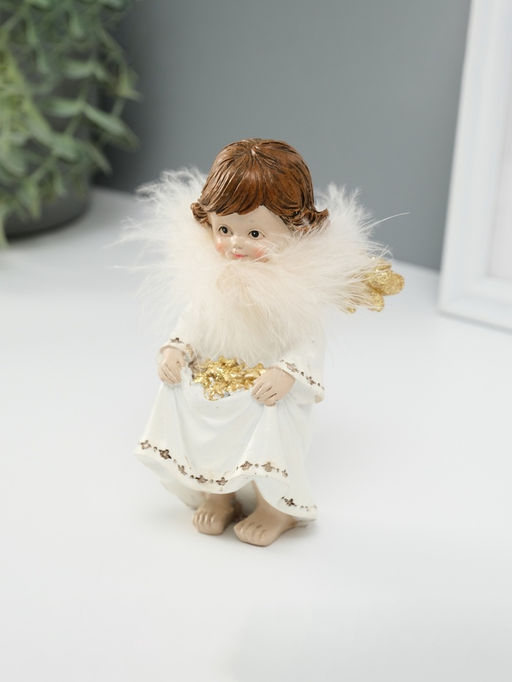 Фигурка полистоун «Ангелочек со звёздами в подоле», пух, золотые крылья, 8.5×7×13 см