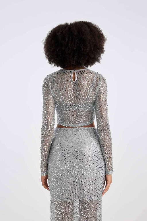 Футболка обычного кроя с круглым вырезом и длинными рукавами из ткани с пайетками - Defacto фото 9