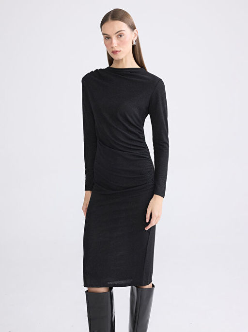 Dik Yaka Parlak G?r?n?ml? B?zg?l? Elbise