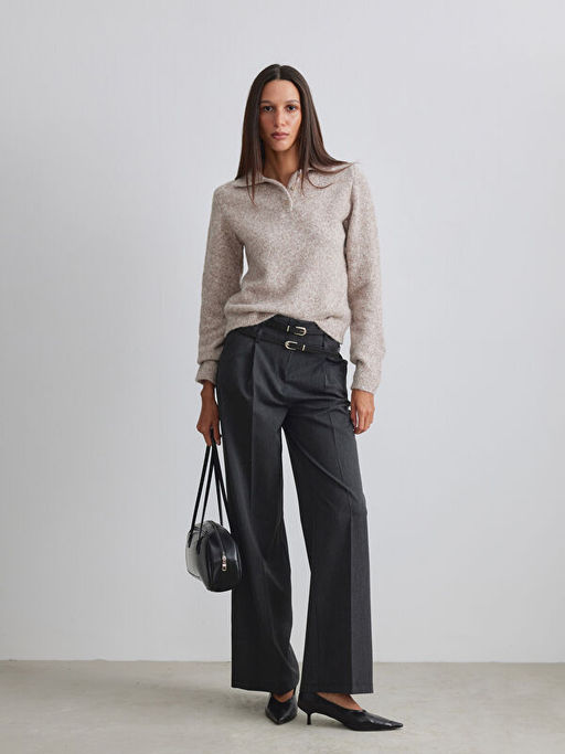 Polo Yaka Y?n Kar???ml? Kad?n Triko Kazak