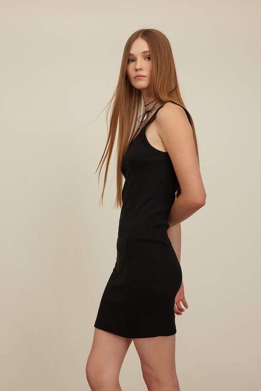Мини-платье Cool Bodycon с круглым вырезом в рубчик и лямками - Defacto фото 3