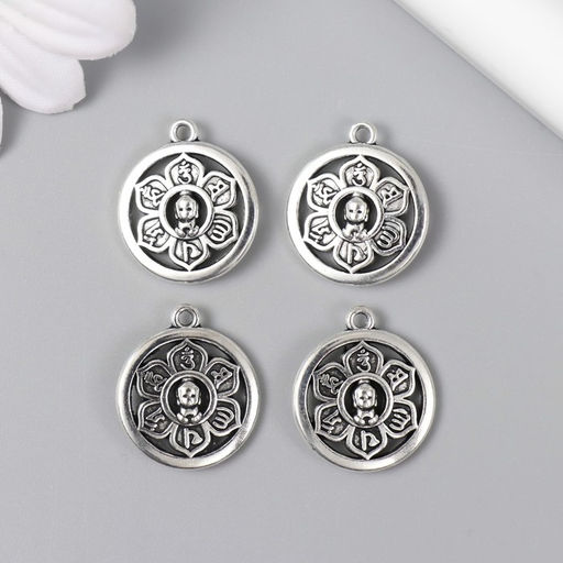 Цена за 4 шт. Металлический элемент, декоративная подвеска «Арт Узор. Будда в цветке», серебро, 1.9×1.6 см