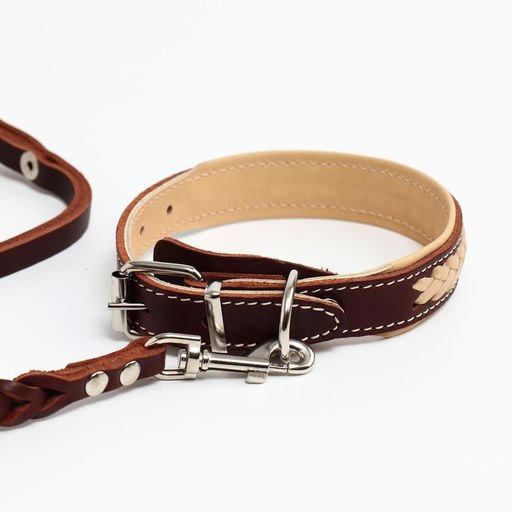 Комплект бежевый ошейник и коричневый поводок с косой - Пушистое счастье фото 5