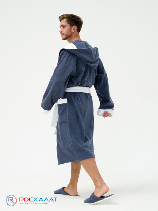 Мужской махровый халат с капюшоном с белой отделкой серый+белый МЗ-05-1 (84) - Росхалат фото 13