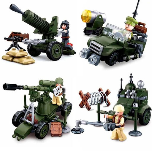 Конструктор SLUBAN 76 - 91 дет. "Станковый пулемет/ военный джип/ зенитное орудие/ разминирование" (M38-B0678/A/B/C/D) 4 вида по 8шт. в блоке