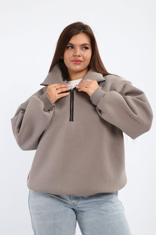 Толстовка женская из футера начес Комфорт серо-коричневый макси