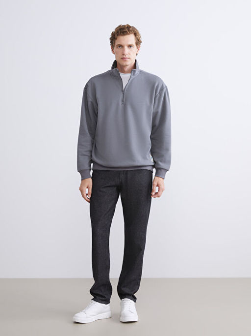 Dik Yaka Bask?l? Erkek Sweatshirt