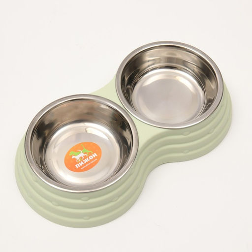 Миска металлическая двойная на пластиковом основании 2 х 160 мл, 25 х 14 х 5 см, зелёная - Пижон фото 3