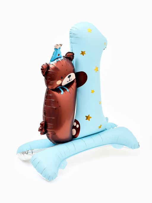 Цена за 2 шт. Воздушный шар фольгированный 32" "Цифра 1 с мишкой"  цвет голубой, под воздух