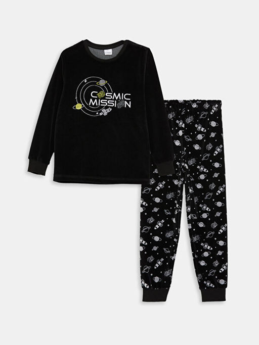 Bisiklet Yaka Desenli Uzun Kollu Kadife Erkek ?ocuk Pijama Tak?m?