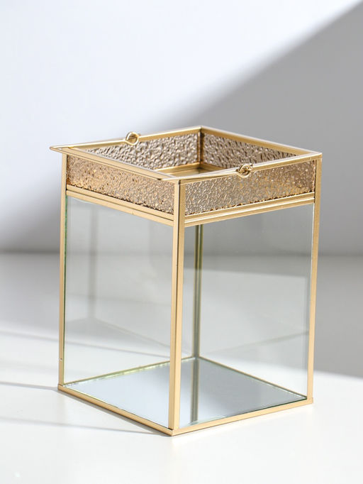 Подсвечник стекло, металл "Капли сверху" золотой 13,5х13,5х19 см