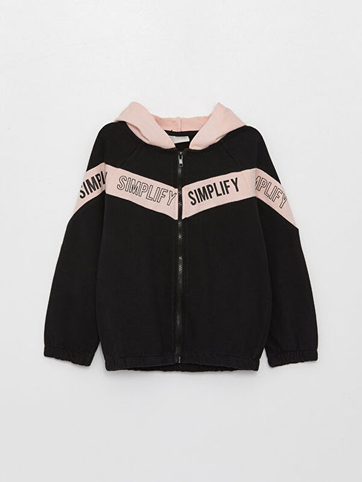 Kap??onlu Bask?l? Uzun Kollu K?z ?ocuk Fermuarl? Sweatshirt