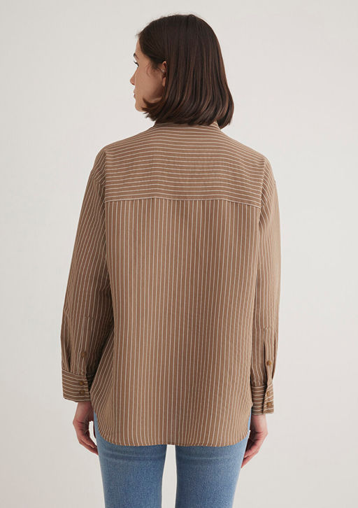 Lux Touch TENCEL TM Cizgili Kahverengi Modal Gomlek - Mavi фото 5