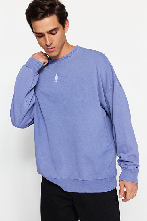 Lila Unisex Oversize/Geni_ Kesim %100 Pamuk Eskitme/Soluk Efektli Mistik Sweatshirt TMNAW24SW00189 - Trendyolmilla фото 2