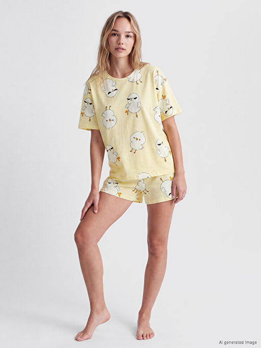 Civciv Bask?l? Kad?n ?ortlu Pijama Tak?m?