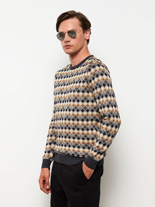 Bisiklet Yaka Uzun Kollu Ekose Erkek Triko Kazak