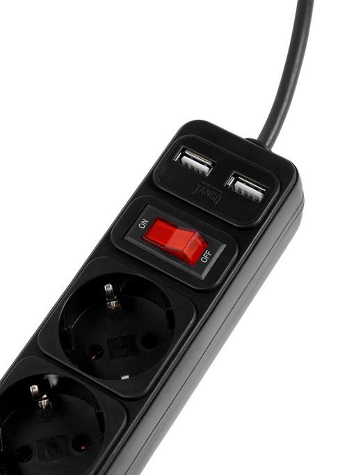 Сетевой фильтр TANGO, 5 гнезд с 2×USB, 1,8м, 10 А, 2200 Вт, с з/к, черный
