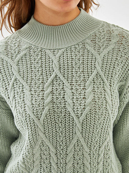 Bisiklet Yaka Kendinden Desenli Uzun Kollu Kad?n Triko Kazak