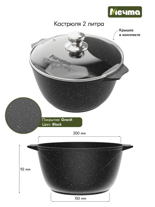 ГРАНИТ BLACK Кастрюля 2,0л, арт. 42802