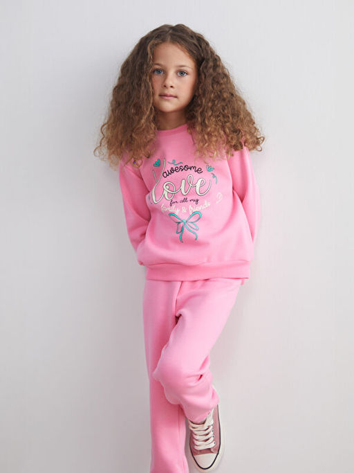 Bask?l? K?z ?ocuk Kal?n Sweatshirt ve E?ofman Alt 2li