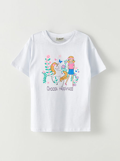 Bisiklet Yaka Bask?l? K?sa Kollu K?z ?ocuk Ti??rt ve ?ort - Waikiki фото 2