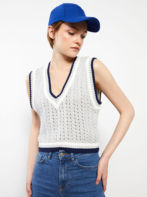 V Yaka Kendinden Desenli Kad?n Triko S?veter