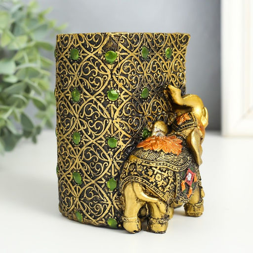 Фигурка-карандашница полистоун Слон и слонёнок в попоне с цветком, под бронзу, 8.5?9?11.5 см