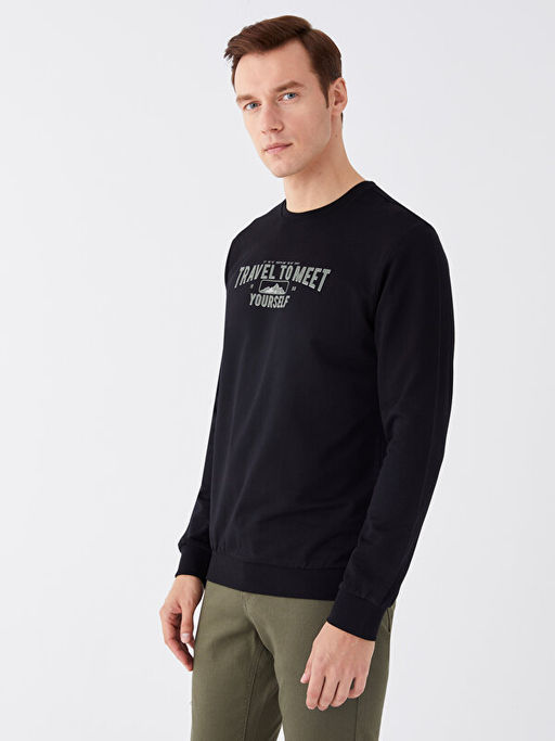 Bisiklet Yaka Uzun Kollu Bask?l? Erkek Sweatshirt