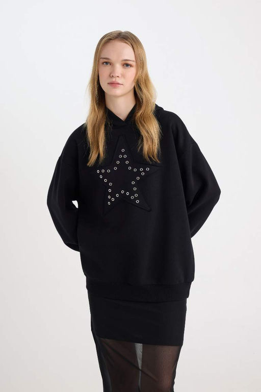 Женский черный крутой толстый свитшот оверсайз широкого кроя со звездами - Defacto фото 3