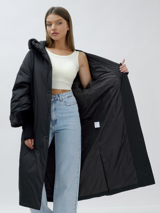 Пальто зимнее женское с норкой большого размера черного цвета 25008Ch - Mtforce фото 9