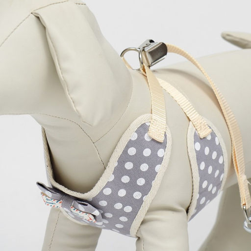 Комплект с мягкой шлейкой Горох, размер S, поводок 120 х 1,5 см, ОГ 28-62 см, серый - Пижон фото 4