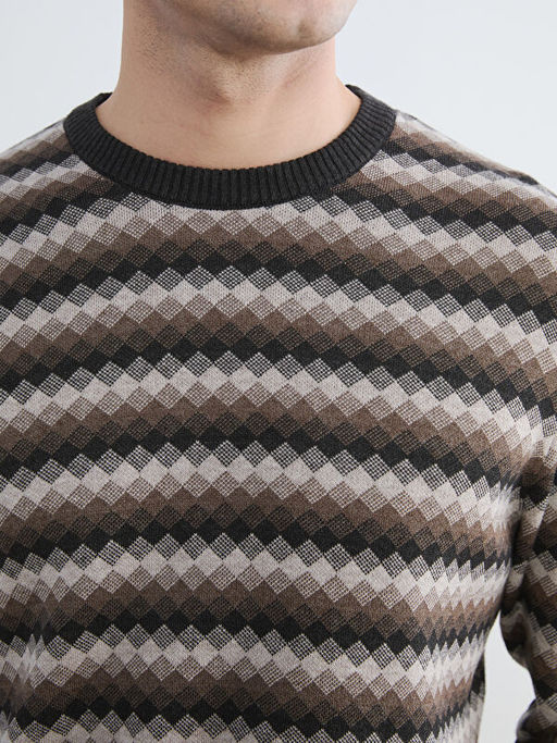 Bisiklet Yaka Desenli Erkek Triko Kazak