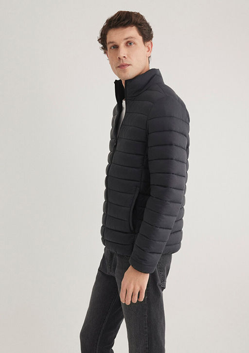 Dik Yaka Siyah Sisme Mont - Mavi фото 3