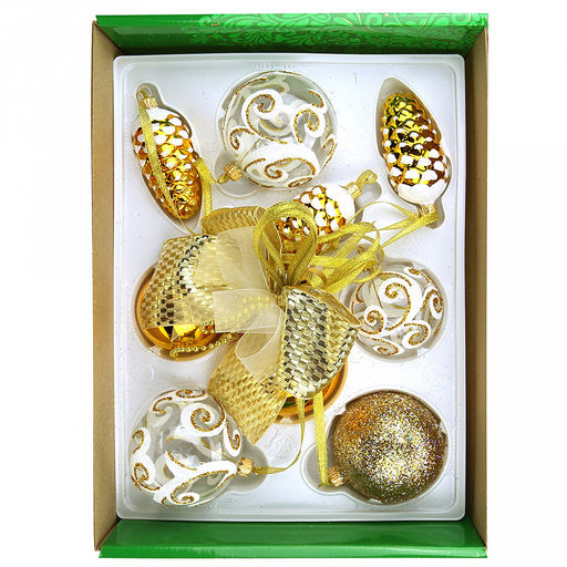Елочная игрушка гирлянда стеклянная Золотистая, 3 шишки 9см, 6 шаров: д6см - 2шт, д7,5см - 2шт, д8,5см - 2шт, ручная художественная роспись, подарочная упаковка (Россия) - Домашняя мода фото 2