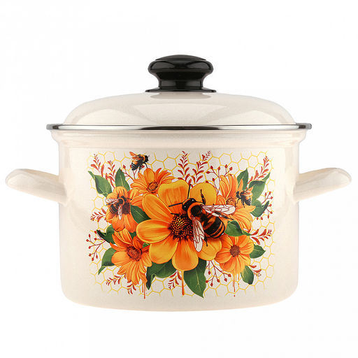 "Цветочный мед" Кастрюля эмалированная 3,0л, форма цилиндрическая, металлическая крышка с пластмассовой ручкой-кнопкой, нержавеющий ободок (Россия)