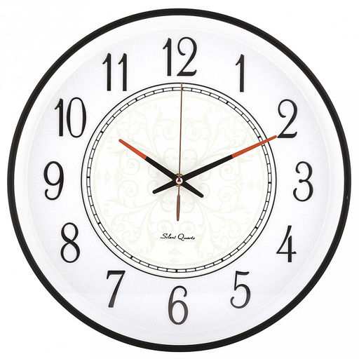 Часы настенные "Грезы" д35см, h5см, мягкий ход, циферблат "Вензель" белый/перламутровый; цифры арабские, черный; корпус пластик, черный/белый; в коробке (Китай)