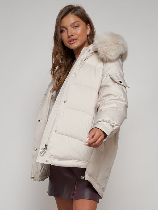 Куртка зимняя женская модная с мехом бежевого цвета 13301B - Visdeer фото 23